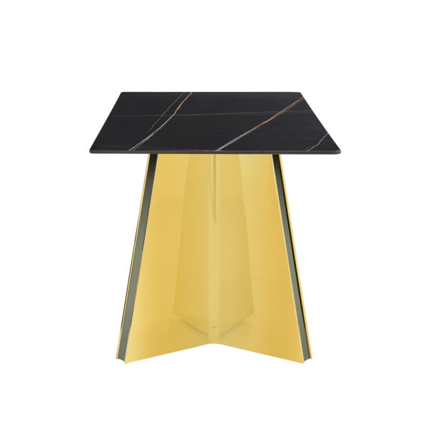 035a3f1f428941c0bf91bea71eb9f7ae_ec49ba5309c02dc590bd0f79a6938d29 63"x31.5x30" Black Marble-Patterned Slab Dining Table with Golden Stainless Steel Butterfly Legs.The tabletop is designed to be scratch and heat resistant.Slabs Tabletop,Golden Stainless Steels Legs.