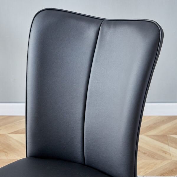 035af479114f4d9e9a9bcaf31d05237f_18b60397bbe931032f9a8e6a51b56554 Table and chair set.63"*35.4" White Imitation Marble Pattern MDF Dining Table Set - 6 Black PU Chairs with a vertical stripe design on the backrest.Create Your Exclusive Low-Key Luxury Space.