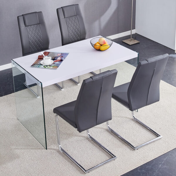 0364e4c6d985414f87825f48a4f087f5_4d04da6fc607abfbbbb993c5b6c7af55 Table and chair set.White MDF Coffee Table - Reinforced with Tempered Glass Legs.Paired with 4 Dark Gray high-quality PU chairs with silver metal legs.
