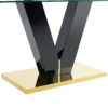 Table and chair set.Luxurious Tempered Glass Dining Set - 63"x35.4" with 4 Comfortable Black PU Chairs With Golden Arched Metal Legs .V-Shaped Support Design Table Leg.