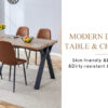 Table and chair set.63"x35.4" Wood-Textured MDF Dining Table with Black A-Frame Legs.Paired with 4 Brown Technology Fabric Round Corner Dining Chair.Density Board Sticker,Iron Pipe Spraying,