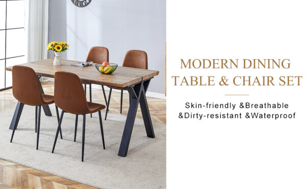 036b4d76cd50479491655376c549bf3d_ed03c992e76c12a98d561e3c21de3cd4 Table and chair set.63"x35.4" Wood-Textured MDF Dining Table with Black A-Frame Legs.Paired with 4 Brown Technology Fabric Round Corner Dining Chair.Density Board Sticker,Iron Pipe Spraying,