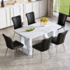 Table and chair set.64.5x35.4 Inch Stylish White Marble Textured Dining Table.Paried With 6 Black PU Chairs with a vertical stripe design on the backrest.Create Your Exclusive Low-Key Luxury Space.