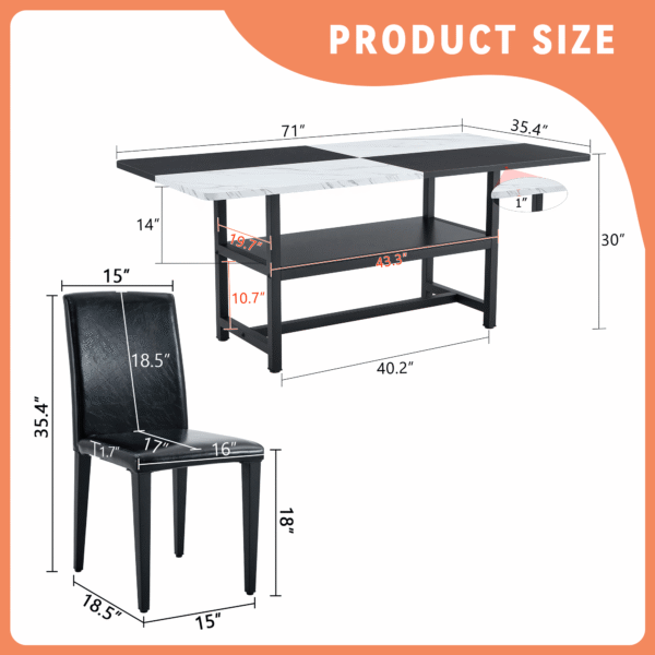 03873485befe40d69377996f8fc30c68_cf0ae1d7c06eb4f75f6a015e6ac9cfe8 Table and chair set.71*35.4 inch White And Black Spliced Dining Table With Storage Function In The Middle Of The Table Legs.Paired With 6 Black PU Dining Chairs, Simple And Versatile.
