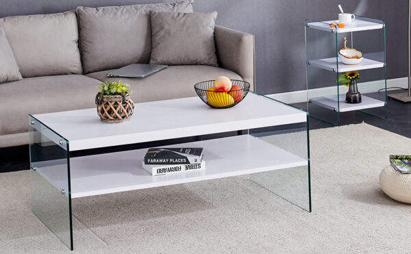 Three-tier bedside table and bunk coffee table set. Made of MDF with white stickers and clear tempered glass on both sides. The design is simple and elegant, with powerful storage functions