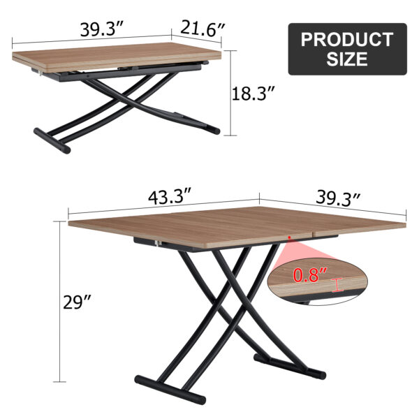 Modern minimalist multifunctional lifting table, with a 0.8-inch wood grain process sticker desktop and black metal legs, can be used as a dressing table, coffee table, dining table, and office table
