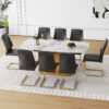 Table and chair set.71"x35.4"x30" Luxurious Pandora Patterned Glass Dining Tabletop with Golden Back To Back C-Shaped MDF Legs.Paried With 8 Black High-quality PU Chairs With Arched Metal Legs.