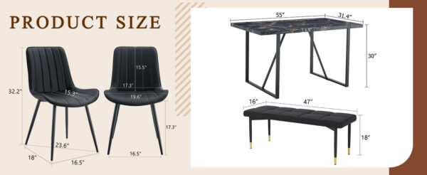 Table and chair set.Modern Black Marble Pattern MDF Dining Table Set - 55"x31.4" with 4 Extended Seat Cushion PU Dining Chairs and 1 Bench,A Choice of Subtle Luxury for Modern Homes.