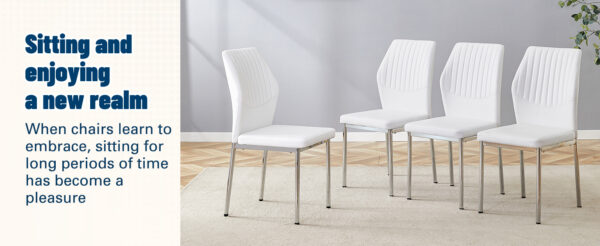 041c6e857ea8404294ee6482a6f8cd6a_c922993cfa7118020cd34a1e53df97e7 Luxury Simple Chair - Set of 6 White PU Material High Resilience Dining Chair with Metal Silver Leg.The Chair Back Has a Vertical Stripe Design With Smooth And Uniform Lines.