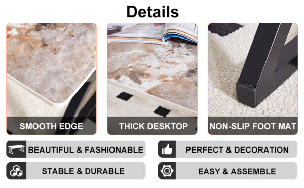 041ffd14ee984fc5bf047e7554a88c2b_530d81b22354c196289875149281b7bb A coffee table is made of rock slab material, with a natural and smooth marble pattern on the surface, which complements the modern design of the black metal legs and adds a touch of fashion.47*23.6
