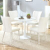 Table and chair set.Hourglass-Shaped Stable Small Round Table -31.9" * 31.9" with 4 Cream-Style dining chairs with a vertical line design on backrest.Adding a warm atmosphere to your family.