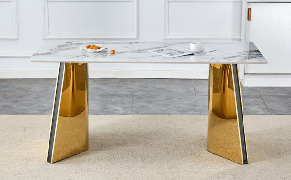 04533cd238bc499db2aacf12a7f9bcda_3087068f02ae9b749a7cb546b78a1387 63"x31.5x30" Luxurious Cold Jade Slab Dining Table with Golden Stainless Steel Butterfly Legs.The tabletop is designed to be scratch and heat resistant.Slabs Tabletop,Golden Stainless Steels Legs.