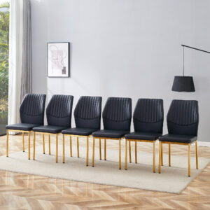 Luxury Simple Chair - Set of 6 BLACK PU Material High Resilience Dining Chair with Metal Gold Leg.The Chair Back Has a Vertical Stripe Design With Smooth And Uniform Lines.