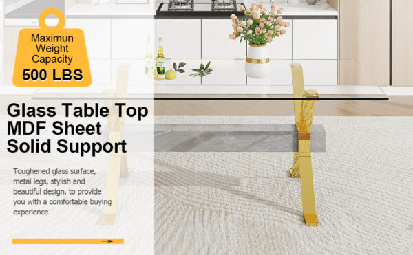 04621227eca6468a9b2c08d3e850f304_20230821_ba918db27e557a32a7de1b189761fa3d Dining table. Modern tempered glass dining table. Large modern office desk with gold plated metal legs and MDF crossbars, suitable for both home and office use. Kitchen. 79 ''x39''x30 '' 1105