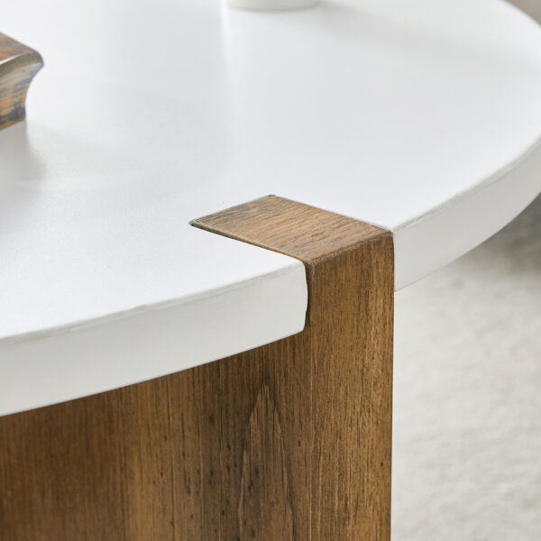 04a9793c75934f9da251a066576102ed_b2268010dff97ecac01d9af2bab9e5dd 33.4-inch diameter minimalist circular MDF material coffee table, a stable and practical choice. The unique embedded design and the support of three table legs make the coffee table structure stable.