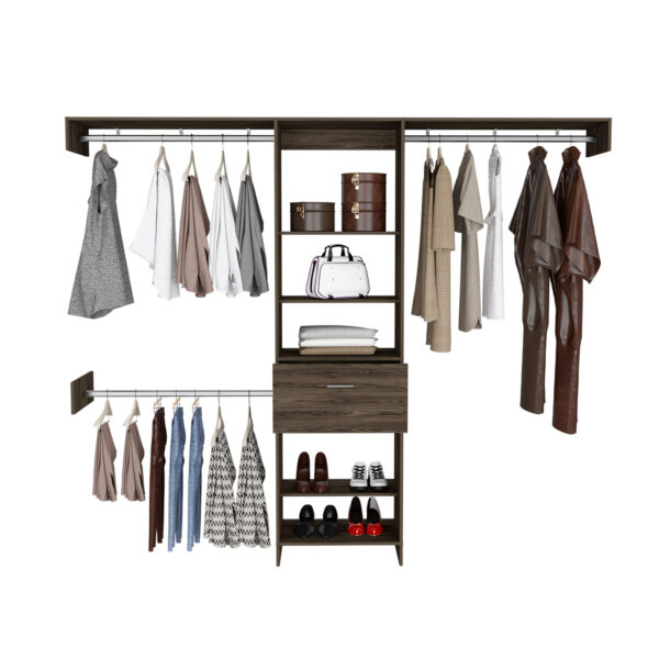 04bdb75f78b04b929fc3c6b75f96e1c1_958feb5111957005dbd5ab3ce3be2744 Cross Closet System, One Drawer, Three Metal Rod, Five Open Shelves