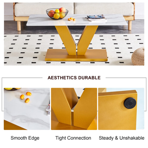 04c2025f187f408a8153d26a75c549c1_0633f8bb9ffa16fc5f2ff9e1dc4f19da Modern minimalist coffee table. Tempered glass with stickers tabletop,golden MDF pillars. Suitable for living room and dining room
