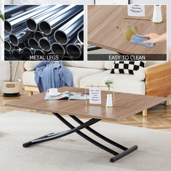 Modern minimalist multifunctional lifting table, with a 0.8-inch wood grain process sticker desktop and black metal legs, can be used as a dressing table, coffee table, dining table, and office table