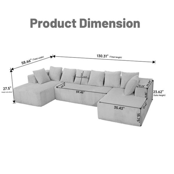 Modular U-Shaped Sectional Sofa,130-inch 4-Seater Chaise Lounge with Reversible Design, Striped Corduroy Fabric in Gray – Customizable Living Room or Bedroom Couch, Freely Configurable Layout.