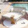 TREXM Outdoor Daybed, Patio Daybed with Four Pillows, Wooden Outdoor Bed with Curved Armrests for Poolside, Backyard, Garden (Gray+Beige Cushion)