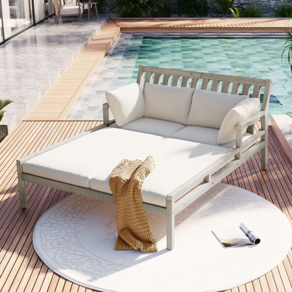 TREXM Outdoor Daybed, Patio Daybed with Four Pillows, Wooden Outdoor Bed with Curved Armrests for Poolside, Backyard, Garden (Gray+Beige Cushion)