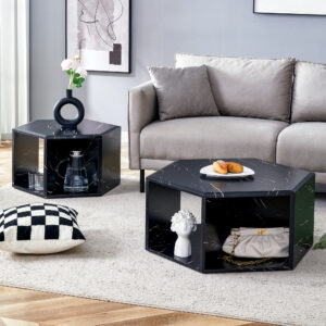 Modern Minimalist Black Hexagonal Coffee Table Set.Hexagonal MDF coffee table, characteristic pattern stickers, multi-hole design to give more storage space.Two coffee tables of different sizes.