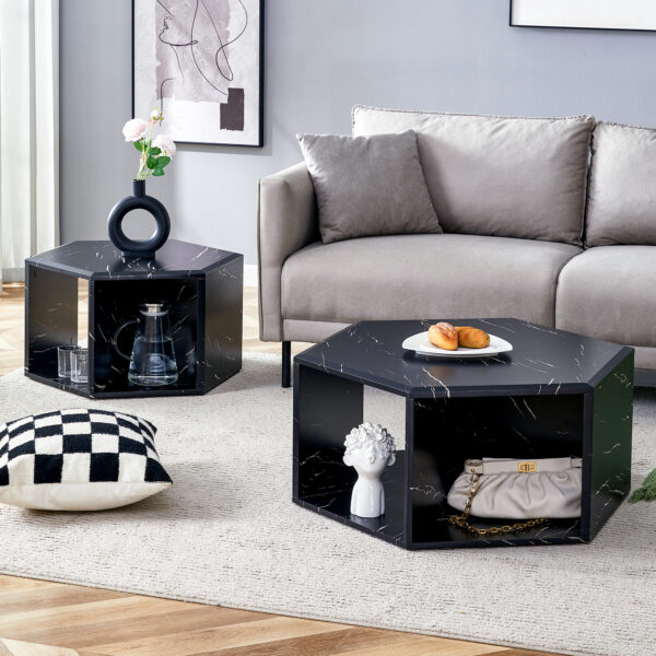 04cda1ce4bd04c029e967269ba423e34_0a2ace49aa2f5188cef2f5597c3fbf40 Modern Minimalist Black Hexagonal Coffee Table Set.Hexagonal MDF coffee table, characteristic pattern stickers, multi-hole design to give more storage space.Two coffee tables of different sizes.