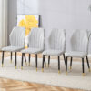 4 light gray modern dining chairs with stylish PU patterned backrest and black metal legs for a comfortable home experience in the kitchen, bedroom and office.
