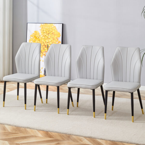 04d9ab6147b54439afc2732c59e3da08_66333cc92216e35b00f8f082edfeb343 4 light gray modern dining chairs with stylish PU patterned backrest and black metal legs for a comfortable home experience in the kitchen, bedroom and office.
