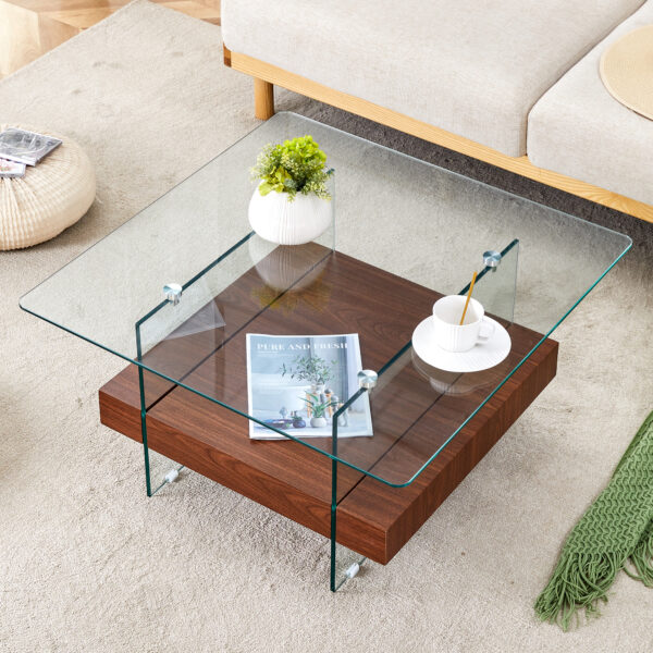 04e50aa8e893405ba9f0e51f324f955d_dfbe7e24833778e30b978e17adb453fe 31.4 Inch Modern Two-Tier Square Coffee Table - An Elegant Combination of Clear Glass and Dark Wood Texture Sticker It can be used not only as a coffee table but also as a side table or display stand.
