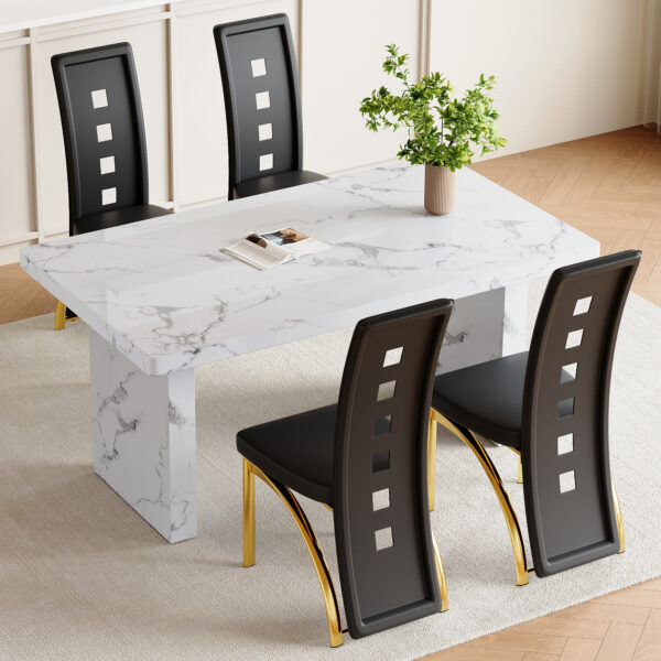 050a8d58ce7940208847b8c21ea99521_60f1037144119323def8068322e4d1c1 Table and chair set.63"*35.4" White Imitation Marble Pattern MDF Dining Table Set - 4 PU Chair With Black Saddleback, Geometric Pattern Backrest,Golen Curved Metal Leg..Suitable For Various Scenes.