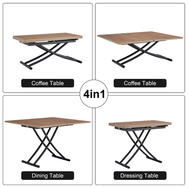 Modern minimalist multifunctional lifting table, with a 0.8-inch wood grain process sticker desktop and black metal legs, can be used as a dressing table, coffee table, dining table, and office table
