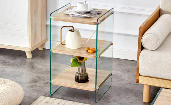 Three layer bedside cabinet.The board is made of MDF with wooden stickers, with transparent tempered glass on both side.The design is simple and elegant, with powerful storage function.Storage cabinet