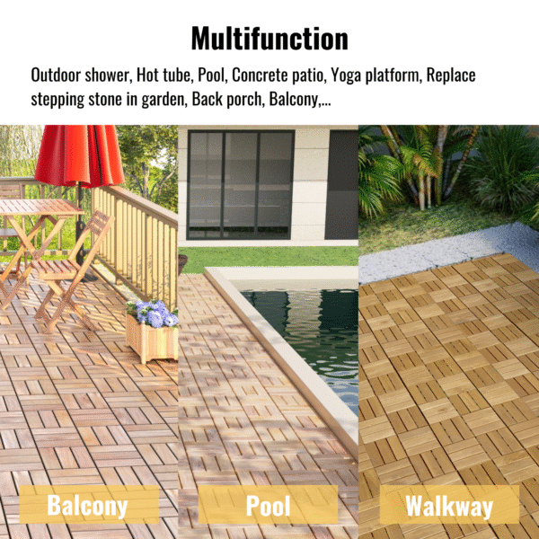 30 PCS Interlocking Deck Tiles Checker Pattern, 12" x 12" Square Yellow Acacia Hardwood Outdoor Flooring for Patio, Bancony, Pool Side,...