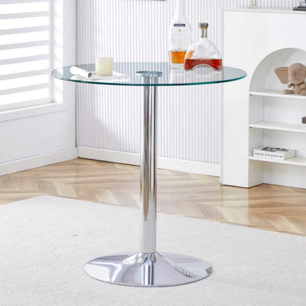 05423d838cd54504a43b91067d700c13_99103fed99fd4d28fce16e6a568e22b1 A glass tabletop with a diameter of 35 inches and a modern minimalist circular dining table with electroplated silver metal legs. Suitable for restaurants, living rooms, and conference rooms.BT-1166
