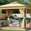TREXM 10x12 Outdoor Gazebo Tent with Double Roofs, Patio Gazebo with Mosquito Netting and Privacy Screens, Patio Canopy for Shade and Rain for Backyard, Garden, Lawn and Deck (Beige)