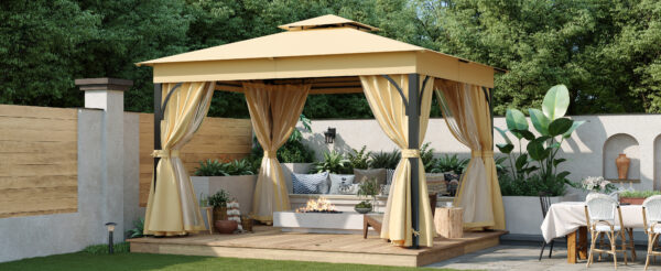 TREXM 10x12 Outdoor Gazebo Tent with Double Roofs, Patio Gazebo with Mosquito Netting and Privacy Screens, Patio Canopy for Shade and Rain for Backyard, Garden, Lawn and Deck (Beige)