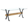 Table and chair set.79"x31.5" Inch Tempered Glass Tabletop With X-shaped Black Metal Table Legs,Wood Grain Textured MDF Crossbeam.Paired With 8 Black PU Dining Chairs with Walnut Color Metal Leg.