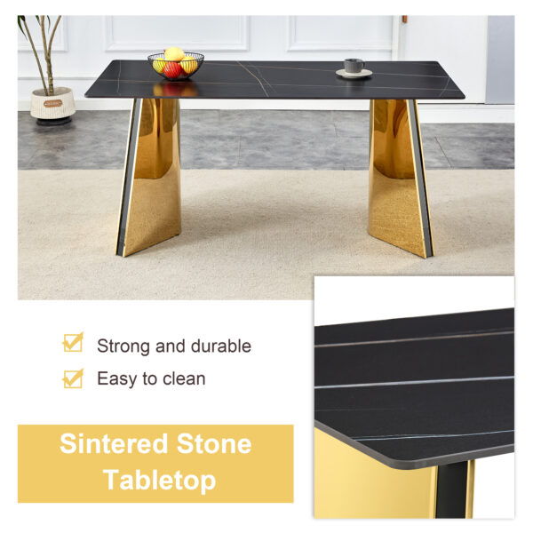 05ca74e1c19847188934829775f5eeb0_ed8e6757e422502990d815d41ca2ef8b 63"x31.5x30" Black Marble-Patterned Slab Dining Table with Golden Stainless Steel Butterfly Legs.The tabletop is designed to be scratch and heat resistant.Slabs Tabletop,Golden Stainless Steels Legs.