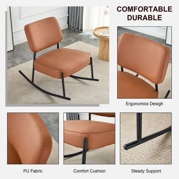 PU material cushioned rocking chair, unique rocking chair, cushioned seat, brown backrest rocking chair, black metal legs. Comfortable side chairs in the living room, bedroom, and office