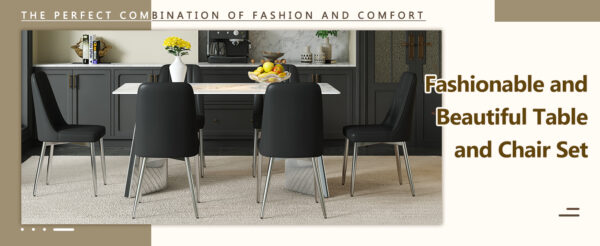05d0b27979384491ab692d4e695b4c57_87d9511f41297fdf0784e2849aaef7ec Table and chair set.63*31.4 Inch Luxurious Cold Jade Sintered Stone Dining Table Set - 6 Black Chairs With Silver Metal Legs.Modern Light Luxury.Perfect For Dinner Room,Meeting Room,Kitchen,etc.