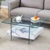 31.4 Inch Modern Two-Tier Square Coffee Table - An Elegant Combination of Clear Glass and White Marble Pattern Sticker.It can be used as a coffee table,a side table or a display stand.