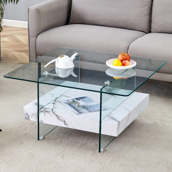 05d0c7b41b6441ce9546a2df2d3fdfb3_58c859d421a2613224e703f9f6f58257 31.4 Inch Modern Two-Tier Square Coffee Table - An Elegant Combination of Clear Glass and White Marble Pattern Sticker.It can be used as a coffee table,a side table or a display stand.