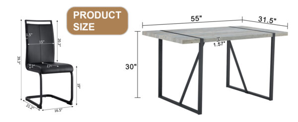 05d5a5ba169b484399efe75808aaa1fd_ca297cc0f2301560daeec525b7159d27 Table and chair set. Modern minimalist grey marble textured MDF dining table with metal frame.Paired with 4 black PU chairs with Black Featuring arched black legs.