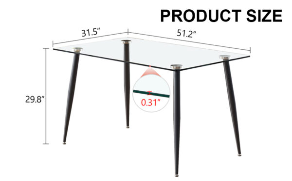 05dda512c460437db5e94bb8d8bbef28_20240319_5902846209cc7363fff333342d1eb635 Modern rectangular glass dining table, suitable for 4-6 people, equipped with tempered glass tabletop and black metal legs, writing desk, suitable for kitchen, dining room, and living room.W1151S00805