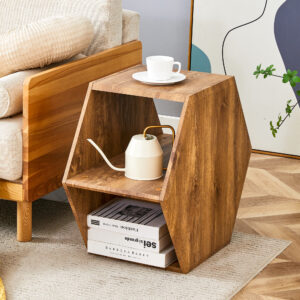 Hexagonal MDF coffee table, characteristic pattern stickers, multi-hole design to give more storage space, simple and convenient design makes it suitable for all kinds of style scenes.