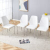 Set of Four White PU Comfort Dining Chairs (17.7"x25").Dining chair with extended backrest,WHITE PU,Silver metal legs,Suitable for various places such as family restaurants, hotels, coffee shops,etc.
