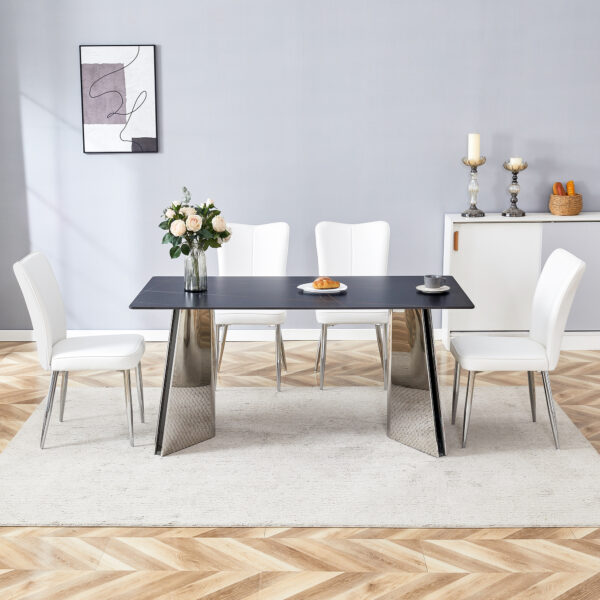 063703e32463482bbda8ce59297028bc_55eb547dccbbe553353227245bb8af88 Table and chair set.63"x31.5x30" Black Marble-Patterned Slabs Tabletop with Stainless Steel Butterfly Legs.Paired with 4 white PU dining chairs with a vertical stripe design on the backrest.