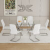 Table and chair set.71''*35.4'' Inch Modern Luxurious Transparent Tempered Glass Dining Table Set with 6 Chairs.Double Fork Silver Metal Table Legs.White High-quality PU Dining Chairs.