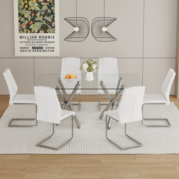 0639830d89c94f99b308b00542b9008d_e93021e72a2b4935cf37421ed8fef4c1 Table and chair set.71''*35.4'' Inch Modern Luxurious Transparent Tempered Glass Dining Table Set with 6 Chairs.Double Fork Silver Metal Table Legs.White High-quality PU Dining Chairs.